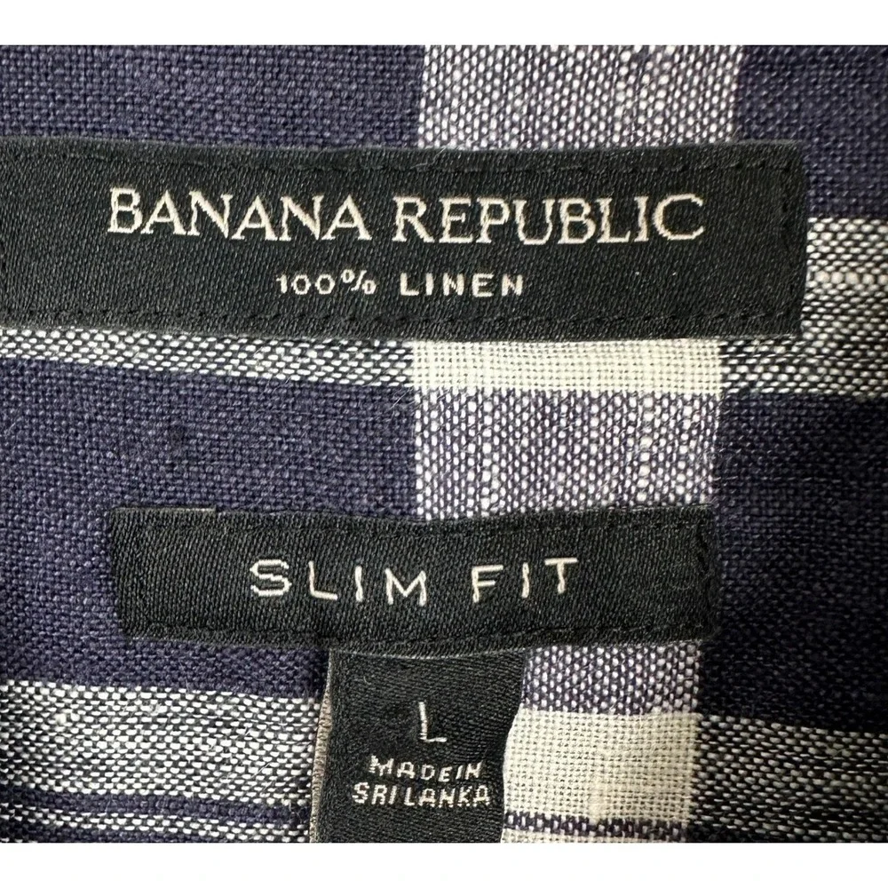 Banana Republic 100% Linen Shirt Mens Large Navy White Plaid Slim Fit Button Up